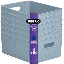 Superio Ribbed Collection - Decorative Plastic Open Home Storage Bins Organizer Baskets, Large Blue (6 Pack) Container Boxes for Organizing Closet Shelves Drawer Shelf 15 Liter/16 Quart