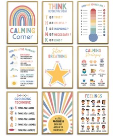 Calming Corner Classroom Posters -Feelings Wheel Chart & Emotions Poster for Kids,School Counselor Teachers Classroom Must Haves Supplies,Calm Down Corner Educational Posters for Preschool Therapy Office Decor (8.3 x 11.7 inches, Calming Corner)