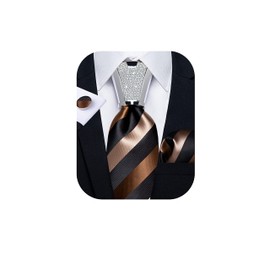 DiBanGu Black Brown Striped Ties for Men Silk Jacquard Woven Necktie and Pocket Square Set with Tie Accessories Cufflinks Formal Bussiness
