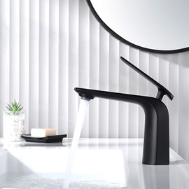 TOCALOCA Black Bathroom Sink Faucet, Matte Black, Modern Design, Single Handle, 1 Hole, Brass, Ceramic Disc Valve, Deck Mount, Aerated Non-Splashing Stream