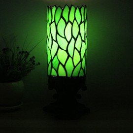 Small Tiffany Table Lamp Mini Stained Glass Desk Lamp Tiffany Style Sympathy Memory Table Lamp with Cylindrical Shade 4X10Inch (Green Wisteria Leaf Style)