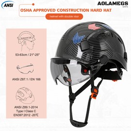 Aolamegs Safe Carbon Fiber Pattern Hard Hat with Visor - Black Hard Hats with Double Safety Glasses Construction OSHA Approved for Men,Vented Safety Helmet Hard Hat with Chin Strap,Type 1 Hardhats