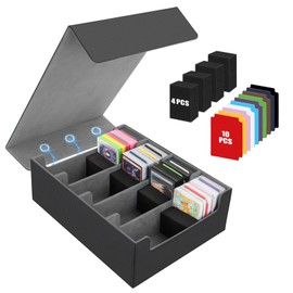 BILIPLE Card Box for 2800+ Cards, Trading Card Box with 10 Card Dividers, 4 Foam Blocks, Trading Card Storage Boxes, PU Leather, Commander Gathering Deck Box, Cards Storage Box (Black & Grey)