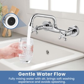 Airuida Wall Mount Kitchen Sink Faucet for 6 Inch(15cm) Spout Reach 8 Inch Center Adjustable Center Double Cross Handles Hot and Cold Water Mixer Tap 360 Rotatable Faucet Chrome Polish