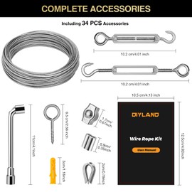 DIYLAND Wire Rope Stainless Steel Set, 20 m 2 mm Steel Cable PVC Coated Trellis Set Tension Wire Rope Tension Set for Trellis, Curtain Rope, Washing Line, Lamp Suspension