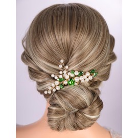 Teyglen Wedding Pearl Hair Comb Elegant Green Crystal Pearl Hair Piece Bride Wedding Hair Comb Decorative Hair Accessories for Women Pearl Rhinestone Headpiece (Green)