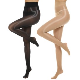 MANZI Ölig Shiny Tights Women's Sexy Silky Smooth Tights 15 Denier Transparent Tear-Resistant Black Skin Colour 2 Pairs, 1 pair black, 1 pair natural