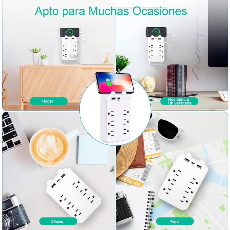 Multicontacto de Pared 6 Tomas con 3 USB, Protección Contra