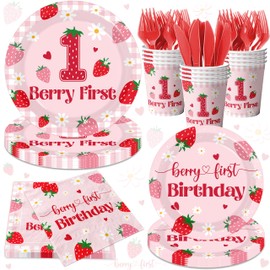 Strawberry 1st Birthday Decorations for Girls,Berry First Birthday Tableware Party Supplies,Strawberry Sweet One Themed Decor Disposable Plates,Napkins,Cups,Forks Knives,Serve 24