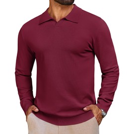 Lexiart Mens Knit Polo Shirts Long Sleeve V Neck Breathable Soft Casual Lightweight Solid Color Golf Shirts Wine Red