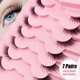7P-CZ-A02 Clear Band Half Eyelashes, Cat Eye, 15 mm Short Cat Eye Artificial Eyelashes, Natural Look, 1/2 Corner False Eyelashes Set, 3/4 Corner Eyelashes, Reusable, Lightweight Makeup Eyelashes