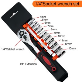 HENYQANN 12-Piece Socket Spanner Set 1/4 Inch Reversible Ratchet CR-V Ratchet Wrench Set 4-13 mm Hex Bit Inserts and 1/4 Inch (6 Inch) Adapter Extension