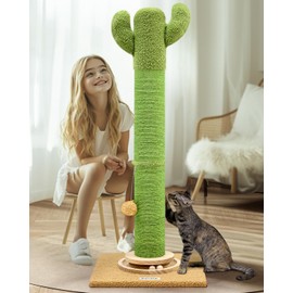 Globlazer SC37 Scratching Posts for Indoor Large Cats Adults, 37inch Cactus Cat Scratching Post Cat Scratcher Cute Sisal Large Cat Scratching Post with Modern Wooden Ball Tracking Interactive Toys