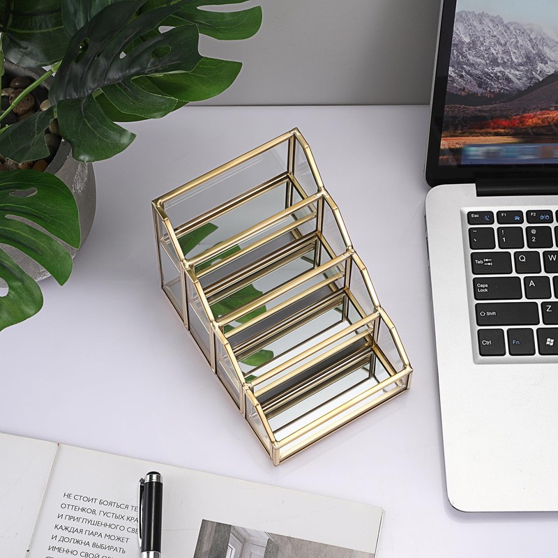 Hipiwe 4 Slots Glass Business Card Holder for Desktop, Gold