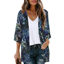 Womens Tops Floral Print Open Front Kimono Cardigan Casual Bikini Cover Up(Dark Leaf,XL)