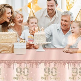2 PCS 90th Birthday Tablecloth Pink Rose Gold 90th Birthday Table Cover Happy 90th Birthday Decorations for Women Plastic Disposable 90th Birthday Table Cloth 90th Birthday Party Supplies (54"x108")