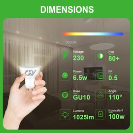 GY GU10 LED Bulb 6.5W 1025lm Warm White 3000K Energy Saving LED Bulb,The New UK Energy Efficiency Class B Replaces 90W Halogen, 110°Beam Angle Non-Dimmable, 10 Pack