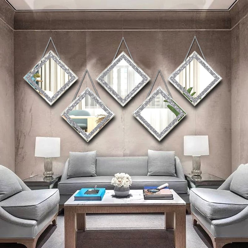 XIHACTY 2 Piece Wall Mirrors, Crush Diamond Mirrors Decor, Silver