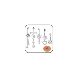 Uwiyo Pack of 5 14G Belly Button Piercings, Stainless Steel Piercing Navel Women's Silver Belly Button Rings Heart Bow Flower Pendant Piercing Belly Button Jewellery for Women, Stainless Steel, No