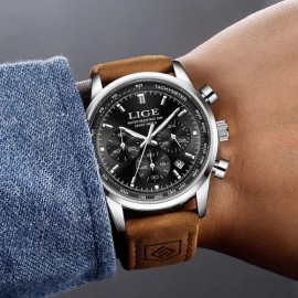 Reloj LIGE Hombre Cronógrafo Cuarzo Correa de Cuero Marrón Bisel Plateado