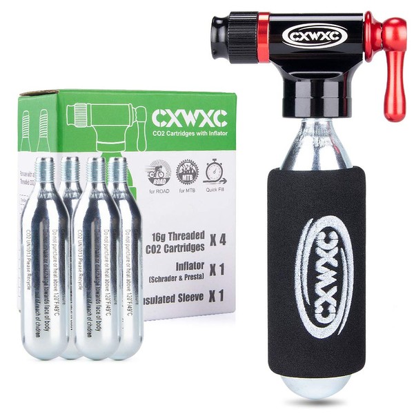 CO2 Inflator Kit with 4 x16g CO2 Cartridges - Presta & Schrader Valve Compatible - CO2 Bike Pump for Road and Mountain Bikes