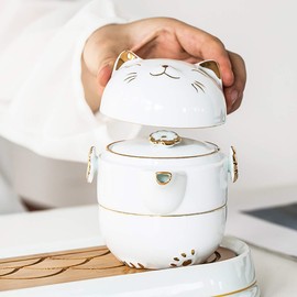 Portable Ceramic Tea Cup Set: Lucky Cat Porcelain Teapot Set with Tea Strainer - Lids and 1 Shockproof Storage Case - Suitable for Travel - Outdoor Picnic - Office Work - Home - White