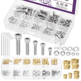 Swpeet 385 Pieces 5 Sizes M2 M2.5 M3 M4 M5 Hex Socket Screws and Brass Threaded Inserts with Nuts Washers Hexagon Screws Assortment Kit, 304 Stainless Steel Hexagon Socket Head Screws
