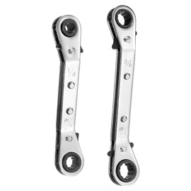 HARFINGTON 2pcs HVAC Service Wrench Set 1/4" x 5/16" 3/8" x 7/16" 25 Degrees SAE Double Head 16-Teeth Air Conditioner Valve Reversible Ratchet Wrench for Refrigeration Equipment Repair