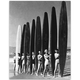 Surfer Girls with Big Surf Boards - 11x14 Unframed Print - Vintage Beach Vibes, Mid-20th Century Surf Culture, Retro Decor for Beach Houses, Surf Shops, Man Caves, Nostalgic Art, Female Empowerment