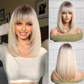 Aecaeceo Short Blonde Bob Wig with Bangs Ombre Blonde Wigs for White Women 14 Inches Synthetic Wigs Layered with Dark Roots Straight Wig Highlight Hair Replacement for Cosplay Daily Party Use