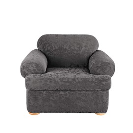SureFit Home Décor SF41458 Stretch Jacquard Damask T-Cushion Chair Cover, Form Fit, Polyester/Spandex, Machine Washable Two Piece Gray Color