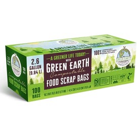 Green Earth Compostable Food Scraps Waste Kitchen Trash Bags, 100-Count, 2.6 Gallon / 10 Liter, Superior Strength 0.8 Mils Thickness, US BPI, Europ VINCOTTE OK Compost Home and ASTM D6400 Certified