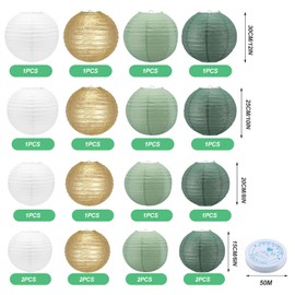 Pack of 20 Paper Lanterns, Sage Green Paper Lantern with 50 m Fishing Line, Paper Lantern Round Hanging Paper Lanterns, Classic Ribbed Paper Lantern for Wedding Garden Party (Diameter 15 cm/20 cm/25