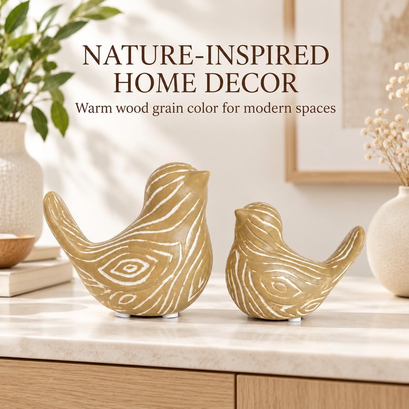 2 Pack Wood Grain Ceramic Bird Figurines, Small Bird Statues