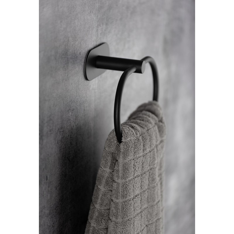 WENKO Turbo-Loc Orea Black Matt Towel Ring, No Drilling Required,