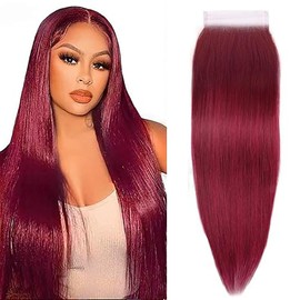 Tuheerst Lace Closure Burgundy 4 x 4 Lace Closure Bresilienne Straight Hair Closure #99J with Baby Hair 100% Unprocessed Brazilian Virgin Remy Top Swiss Lace 22 Inches
