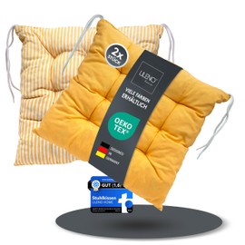 LILENO HOME Set of 2 Reversible Chair Cushions, Yellow, 40 x 40 x 6 cm, Striped Seat Cushions for Garden Chairs, Kitchen or Dining Room Chairs, Indoor and Outdoor Chair Cushions as Chair Cushions