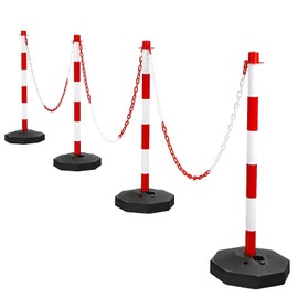 Salches 4 Pack Traffic Delineator Poles, 32.5” PP Caution Barriers w/5’ Link Chains & Fillable Base, Portable Chain Stanchions for Warning/Crowd Control/Construction Site (4pcs, White+Red)