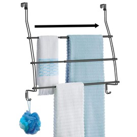 mDesign Expandable Metal Wire Over Door Towel Storage Shelf Organizer Rack Holder - 3 Tier, 2 Large Hooks - Organizes Bathroom Towels, Washcloths, Hand Towels, Loofahs, Sponges - Matte Black