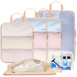 Cambond Mesh Compression Packing Cubes - 6 Set See Through Clear Packing Cubes with Shoe Toiletry Bag for Travel Suitcase, Expandable Travel Cubes for Suitcase Organizer Bags Set, Khaki