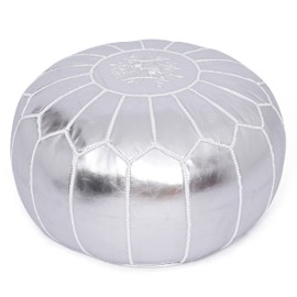 Marrakesh Gallery Faux Leather Round Pouf Unstuffed - Moroccan Ottoman Footstool, Footrest Cover - Boho Decor - Bohemian Living Room, Bedroom, Kids Room, Gift & Wedding (Silver)