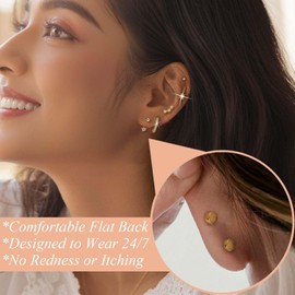 TAIGRAMA Flat Back Earrings for Women, 14K Gold-plated Hypoallergenic Surgical Steel Hoop & Flatback Stud Cartilage Earrings Set for Sensitive Ears Cubic Zirconia Earring for Women Mother's Day gift