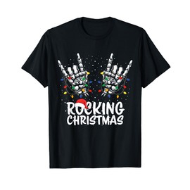 Rocking Christmas Skeleton Rock 'n' Roll Christmas Lights T-Shirt, black