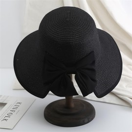 Straw Sun Hat Foldable Packable Wide Brim Summer Beach Hat Crochet Hat with Bowknot for Women Girls, A-black, One Size