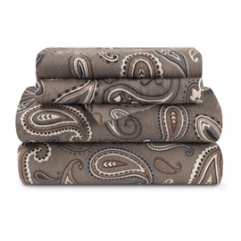 Superior Flannel Brushed Cotton Paisley Bed Sheet Set, Soft, Warm Bedding, Bohemian Floral Sheets, Bedroom Decor, 1 Flat Sheet, 1 Elastic Deep Pocket Fitted Sheet, 2 Pillowcases, Queen, Grey