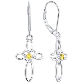 YL Celtic Knot Cross Earrings Sterling Silver Dangle Drop Earrings Created Topaz Heart Religious Leverback Jewelry for Women