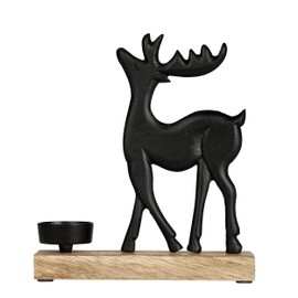 EGLO LIVING Tea Light Holder with Decorative Reindeer Baliguian, Christmas Decoration Windowsill Living Room, Table Decoration Christmas Deer, Wood in Natural and Metal in Black, 18 x 20 cm