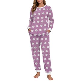 PrinStory Fluffy Pajamas for Women Soft Fleece Warm Pajama Set Fuzzy Pjs Winter 2 Piece Flannel Lounge Sets with Pockets FP-Purple White Flower-L