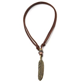 COOLSTEELANDBEYOND Retro Style Bronze Color Feather Pendant Necklace for Mens Womens with Adjustable Brown Leather Cord(CA)