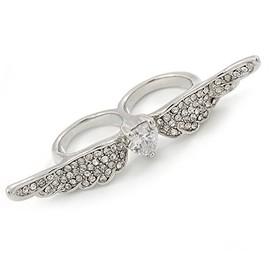 Avalaya Size 7&6/CZ Heart/Clear Crystal Two Finger Wings Ring/in Silver Tone